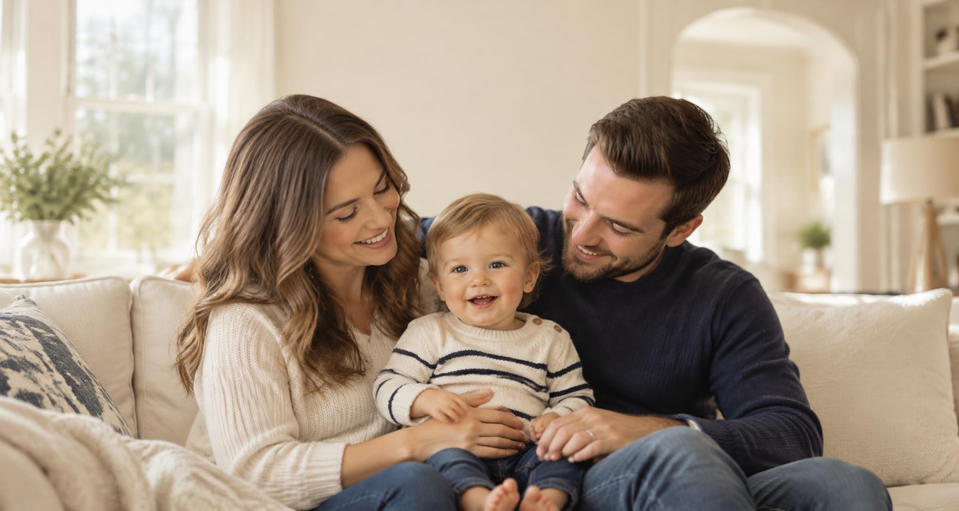 Parents with their young child relaxing together at home